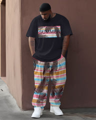 Men's Large Summer Color Block Street Hip-Hop Casual Two-Piece Set