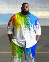 Men's Plus Size Watercolor Splash Ink Long Sleeve Lapel 2 Shirt Set