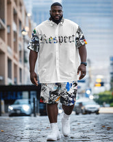 Men's Plus Size Street Fashion White Graffiti Respect Alphabet Print Shirt Shorts Suit