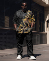 Men's Plus Size Black Color Block Vintage Lion Print Long Sleeve Shirt Trousers Suit