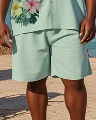 Big & Tall Men's Hawaiian Green Floral Alphabet Print Shirt Shorts Suit