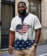 Men's Plus Size Independence Day American Flag Love Print Henry Collar Button Short Sleeve Tee