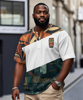 Men's Plus Size Daily Casual Stitching Tiki Mask Printed Henry Collar Button Short Sleeve T-Shirt
