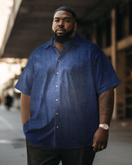 Gradient Denim Blue Printed Short Sleeve Plus Size Shirt