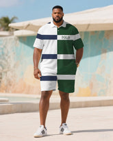 Big & Tall Men's Summer White & Green Geometric Colorblock Polo Short Sleeve Shirt Shorts Suit