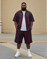 Big Men's Red And Blue Striped Color Block Printed Short Sleeve Shirt Shorts Suit
