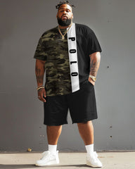 Men's Plus Size Street Fashion Camouflage Patchwork Letter Print T-Shirt Shorts Suit