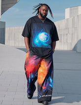 Plus Size Men's Earth Gradient Cosmic Star Print Casual Short-sleeved T-shirt Pants Suit