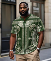 Men's Plus Size Casual Daily Green Vintage Pattern Printed Henry Collar Button Short Sleeve T-Shirt