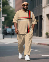 Men's Plus Size Khaki Color-block Line Print Henry Collar T-shirt Trousers Suit