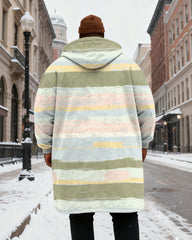 Big & Tall Men's Green Stripe Printed Velvet Thickened Long Hooded Coat