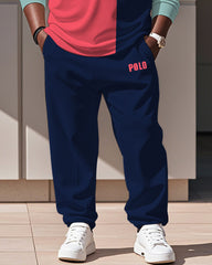 Men's Simple Colorful Colorblock Alphabet Print Polo Shirt Zipper Pants Suit