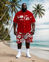 Men's Big & Tall Splicing Wide Stripe Simple Floral Printed Short Sleeve Shirt Shorts Set
