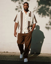 Big & Tall Men's Business Brown Striped Print Pocket Short Sleeve Shirt Trousers Suit