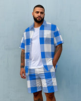 Big Men's Classic Blue & White Plaid Printed Pocket Short Sleeve Shirt and Shorts Set