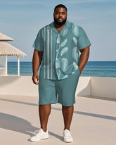 Big & Tall Men's Hawaiian Holiday Blue Striped Leaf Print Shirt Shorts Suit