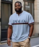 Men's Plus Size Daily Casual Blue Striped Alphabet Print Henry Collar Button Short Sleeve T-Shirt