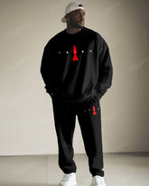 Men's Simple Black Think Letter Print Big & Tall Round Neck Sweatshirt Set