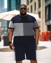 Men's Plus Size Geometric Stripes Contrasting Colors Short Sleeve T-Shirt Shorts Suit