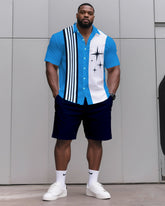 Big & Tall Men's Daily Leisure. Match 3 Color Striped Color. Star Print Shirt Shorts Suit