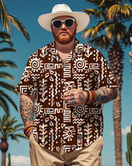 Men's Plus Size Hawaiian Brown Tribal Text Art Print Short Sleeve Shirt