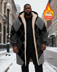 Big & Tall Men's Classic Black Diamond Plaid Printed Velvet Thickened Long Hooded Coat