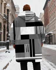 Big & Tall Men's Gray Geometric Print Velvet Thickened Long Hooded Exterior