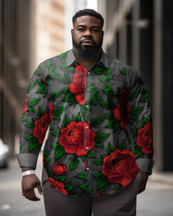 Men's Plus Size Rose Romantic Unique Lapel Long Sleeve Shirt