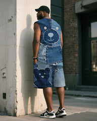 Big & Tall Men's Blue Denim Bear Print Vest Shorts Suit