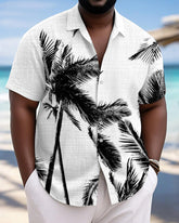 Men's Plus Size Hawaiian Black And White Leaf Print Short Sleeve Slub Shirt