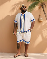 Big Men's Vacation Casual Bohemian Style Blue Striped Edge Textured White Short Sleeve Shirt Shorts Suit