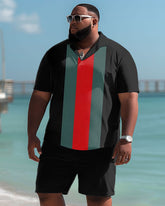 Men's Big and Tall Casual Simple Striped Colorblock Print Polo Shorts Set