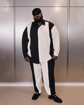 Men's Plus Size Simple Black And White Colorblock Printed Long Sleeve Shirt Trousers Suit