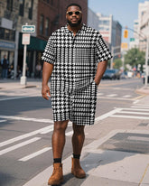 Men's Plus Size Business Black Houndstooth Print Short Sleeve Polo Shirt Shorts Suit