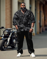 Business Geometric Visual Hierarchical Printed Long Sleeve Lapel Shirt 2 Piece Set Men's Plus Size