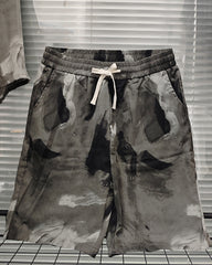 M-3XL Daily Casual L Gray Green Abstract Brush Print Shorts Suit