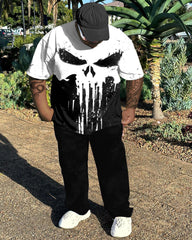 Men's Plus Size Skull Color Block Short Sleeve T-shirt and Pants Set