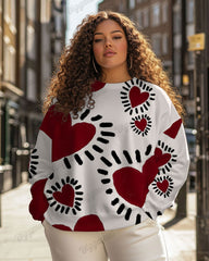 Plus Size Colorblock Heart Print Casual Long Sleeve Sweatshirt