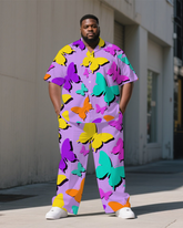Big Men's Cartoon World Butterfly Silhouette Printed Casual Short-Sleeve Shirt Pants Sets