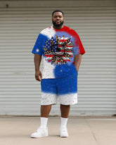 Men's Plus Size Independence Day Gradient Leopard Print Sunflower Print Round Neck T-shirt Shorts Suit