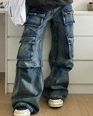 Women's Plus Size Vintage Washed Multi-Pocket Frock Loose Jeans