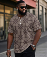 Men's Plus Size Daily Casual Brown Diamond Geometric Print Henley Collar Button Short Sleeve Tee