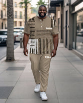 Men's Plus Size Khaki Colorblock Striped Alphabet Print Henry Collar T-Shirt Pants Suit