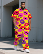 Big Men's Cartoon World Red Lips Printed Casual Short-Sleeve Shirt Pants 2-piece Sets
