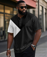 Men's Plus Size Daily Casual Black And White Patchwork Geometric Print Henry Collar Button Short Sleeve T-Shirt