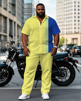 Men's Plus Size Simple Casual Blue & Yellow Colorblock Short Sleeve Shirt Pants Suit