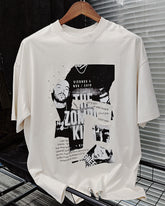 M-XL Street Fashion White Figure Collage Rivet Letter Print Round Neck Short Sleeve T-Shirt