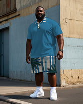 Men's Big Size Hawaiian Coconut Tree Simple Blue Stripe Printed Short Sleeve Polo Shirt Shorts Set