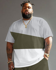 Street Casual Army Green Stripe Colorblock Print Large Men's Set