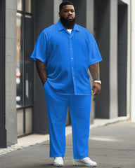 Men's Plus Size Solid Color Blue Short Sleeve Shirt Trousers Set